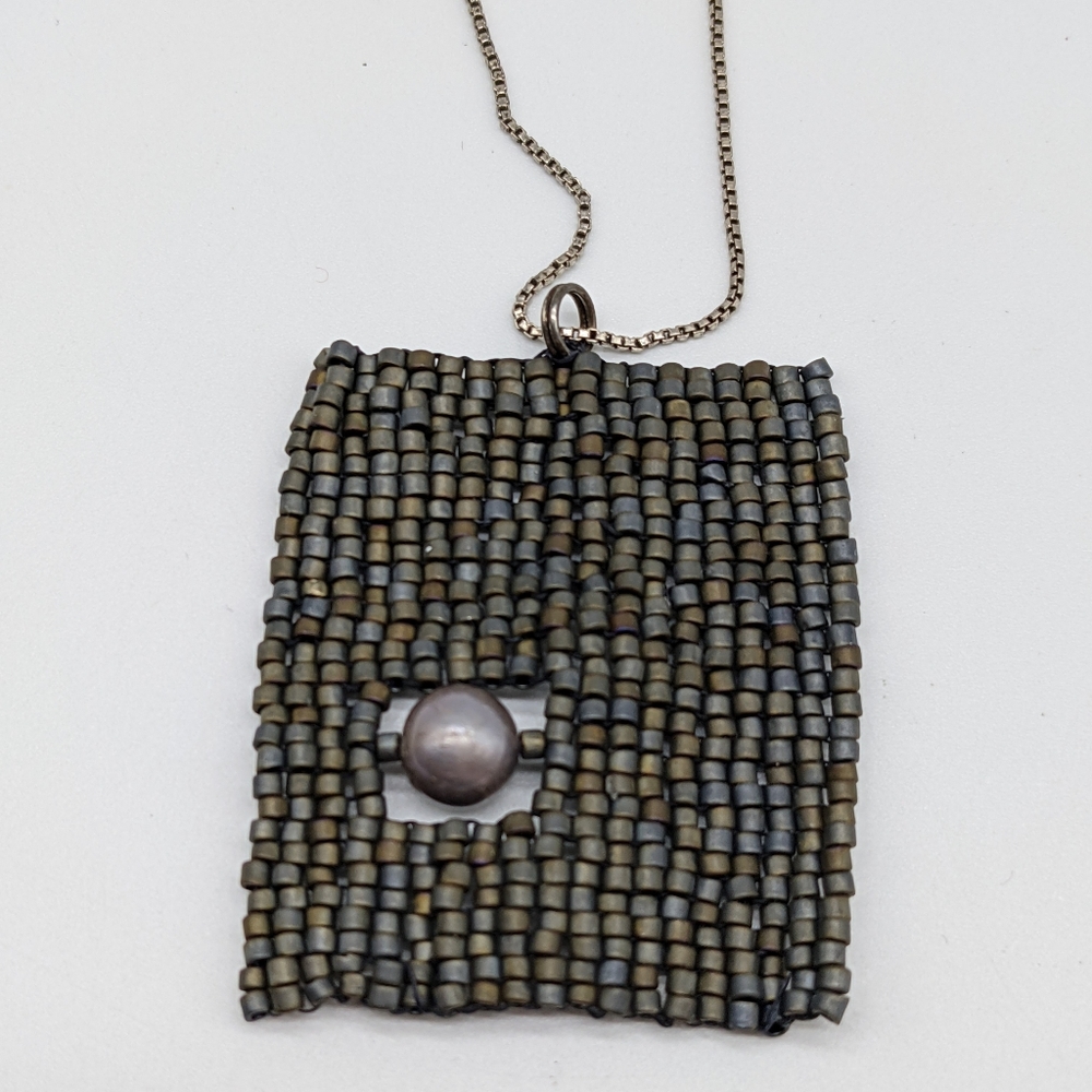 Handmade Oil slick Glass Bead and Pearl Pendant on Sterling Silver Chain